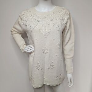 90s Cream Color Beaded & Embroidered Crew Neck Long Length Sweater